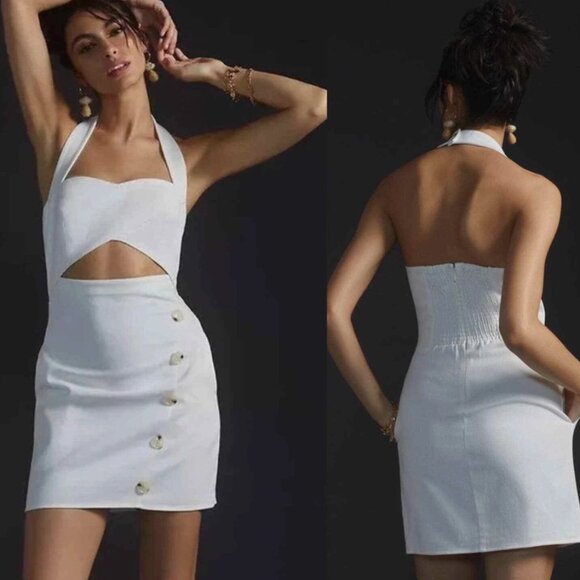 Anthropologie Mare Mare White Denim Halter Mini Dress XS Bridal Resort Coastal